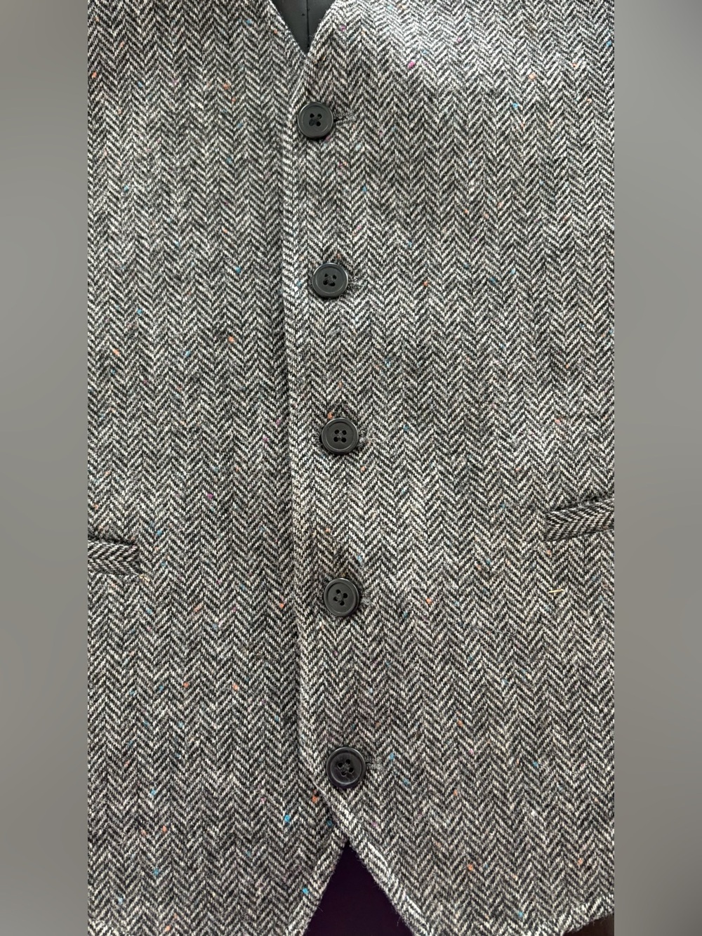 Men's Herringbone Grey Wool Vest - Classic Tailored Waistcoat - Picture 4 of 7